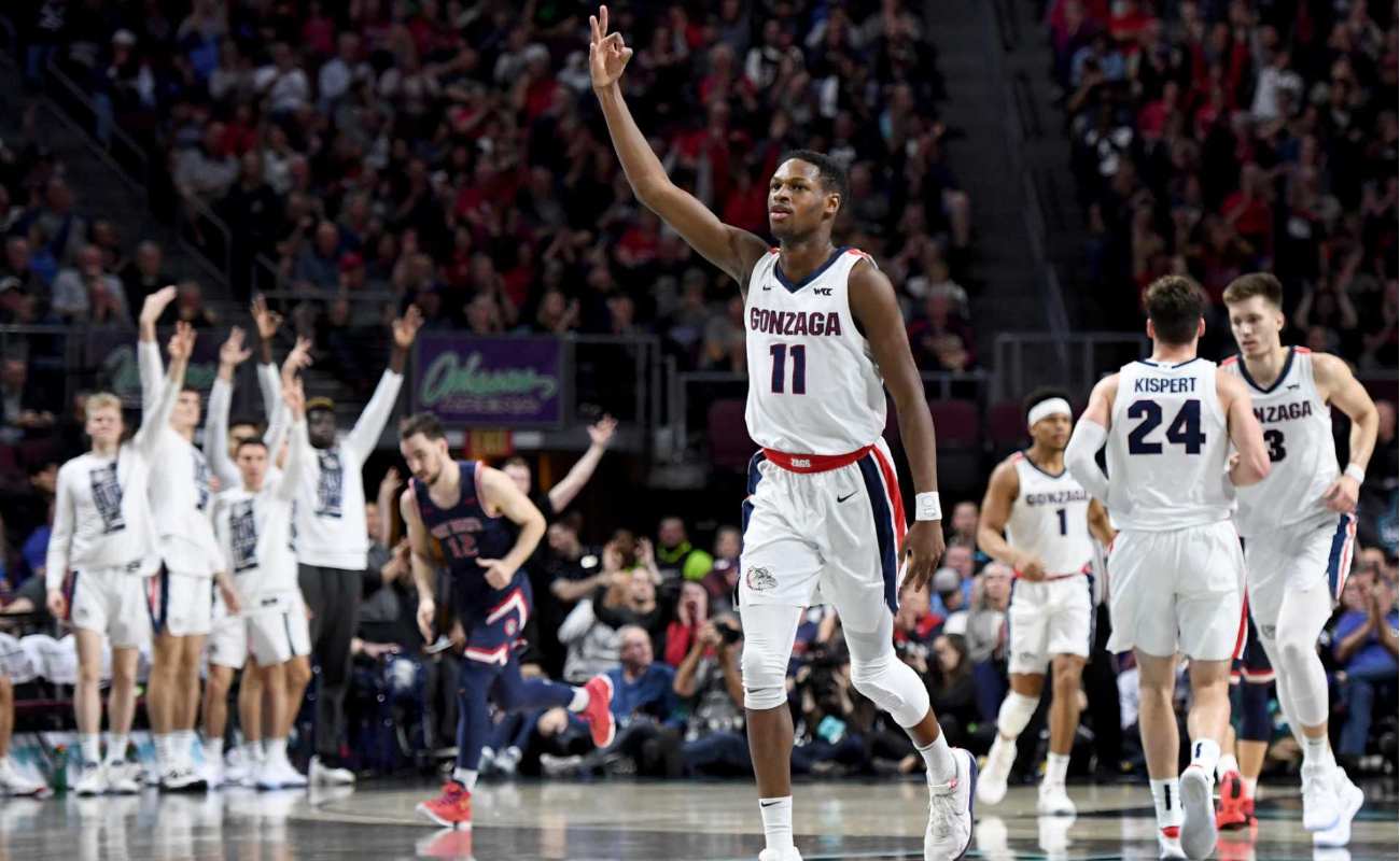 Joel Ayayi #11 of the Gonzaga Bulldogs reacts after hitting a 3-pointer against the Saint Mary's Gaels during the championship game of the West Coast Conference basketball tournament at the Orleans Arena