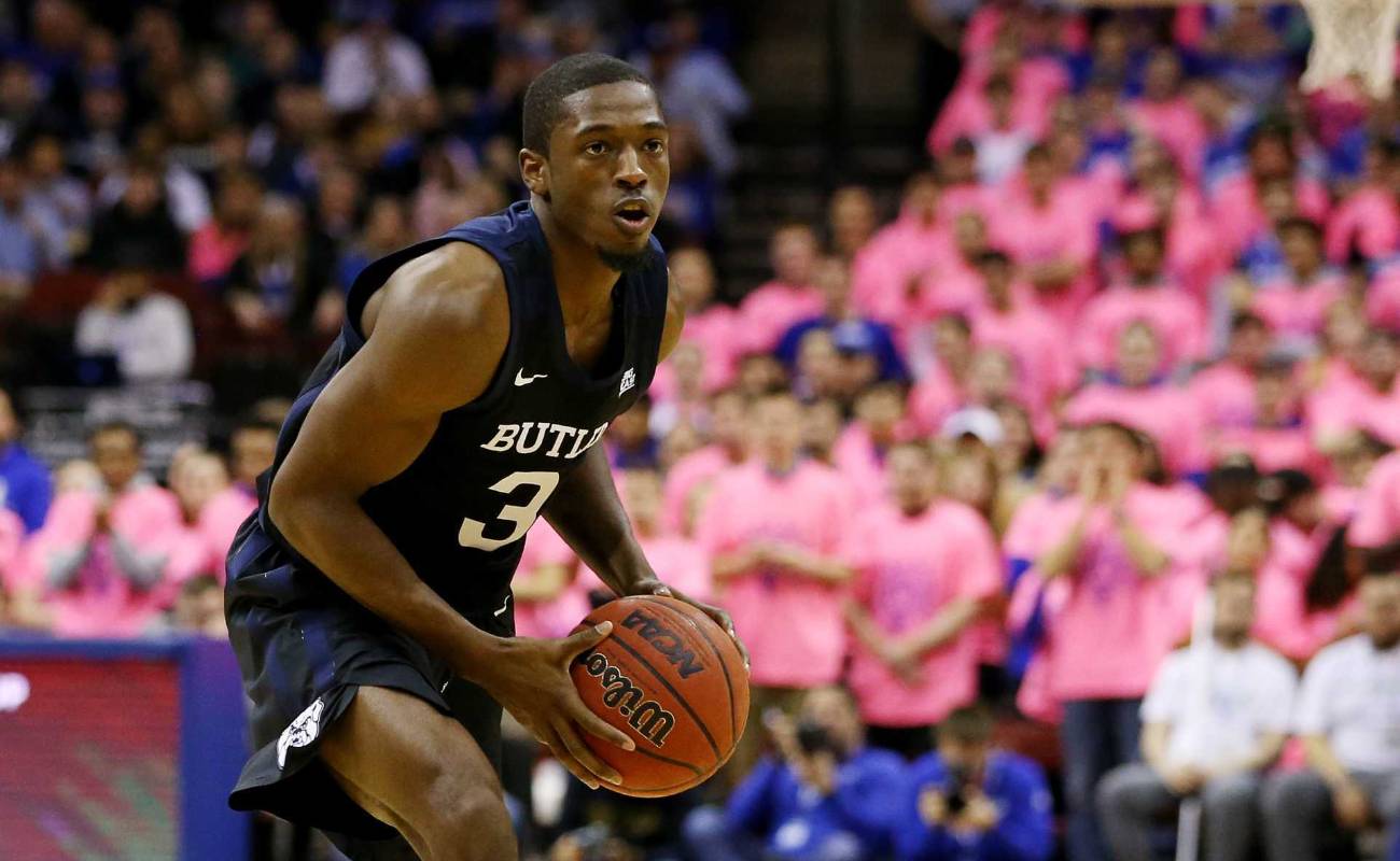 Kamar Baldwin #3 of the Butler Bulldogs in action against the Seton Hall Pirates during college basketball game
