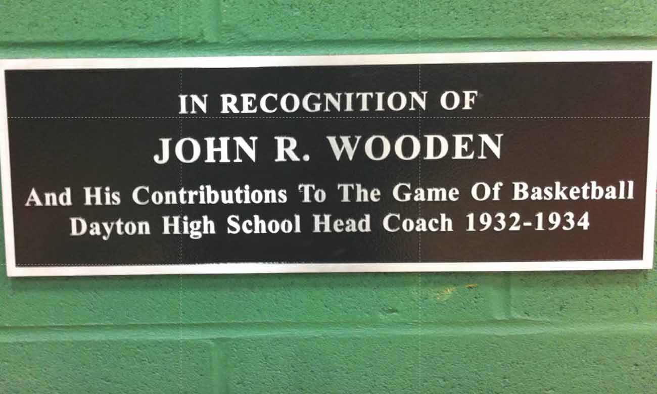 John R. Wooden recognition sign at Dayton High School
