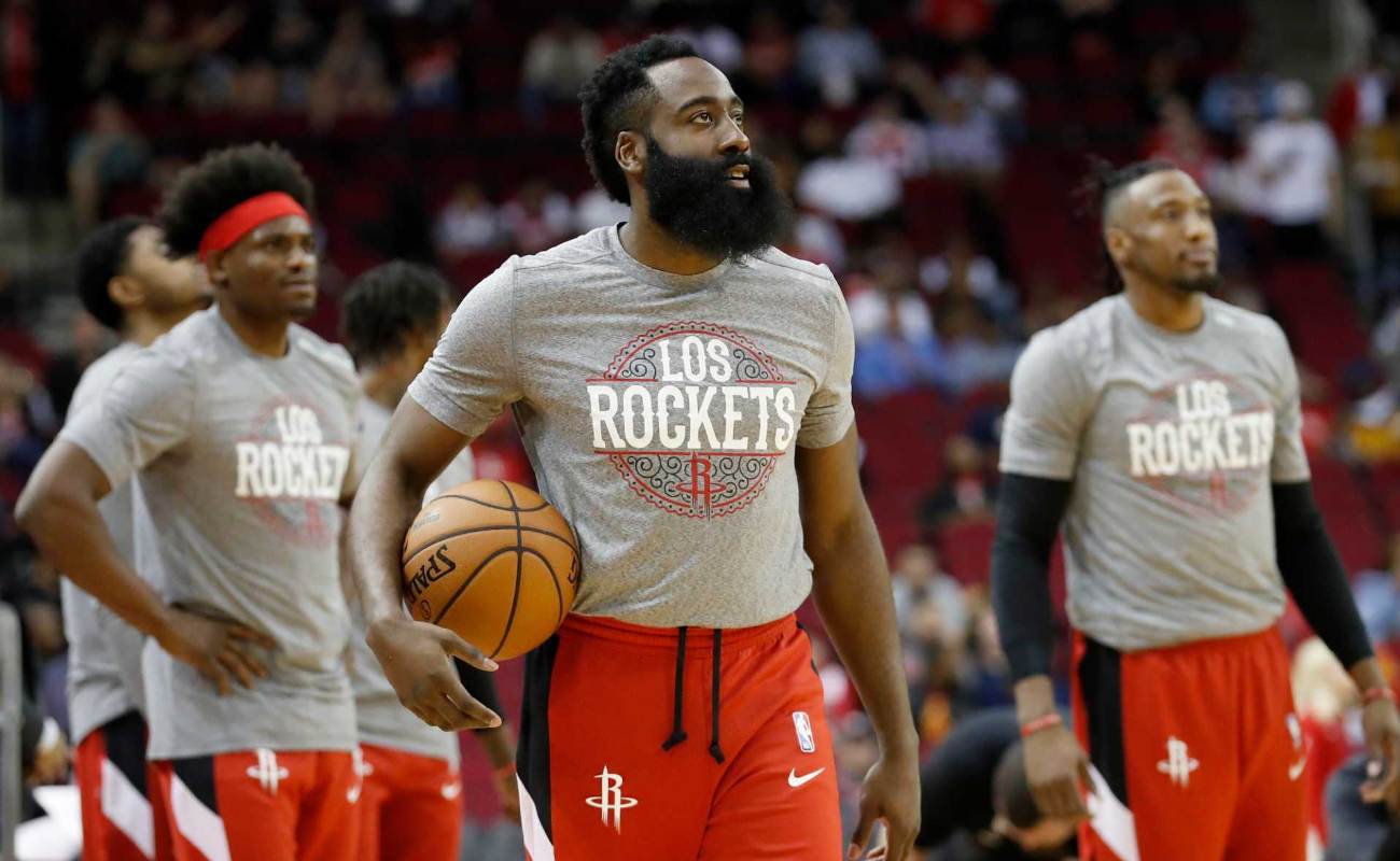 James Harden #13 of the Houston Rockets warms up prior to the game against the LA Clippers