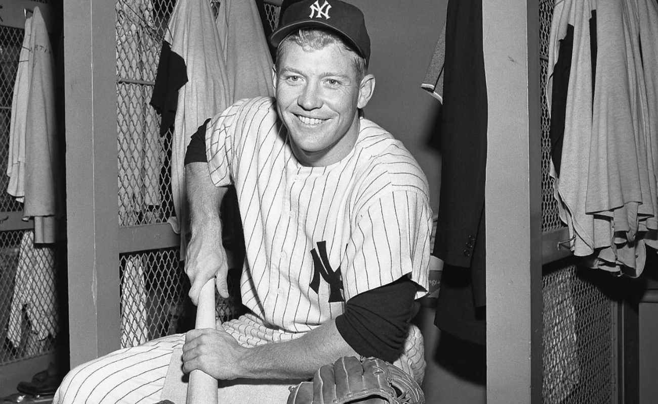 Mickey Mantle #7 of the New York Yankees "bones" a bat prior to a game in 1956 at Yankee Stadium