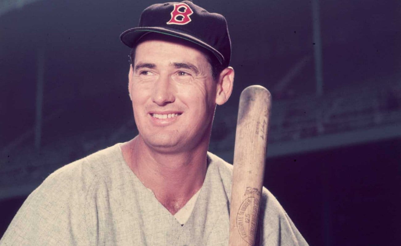 Baseball legend Ted Williamsof the Boston Red Sox holding a bat circa 1955