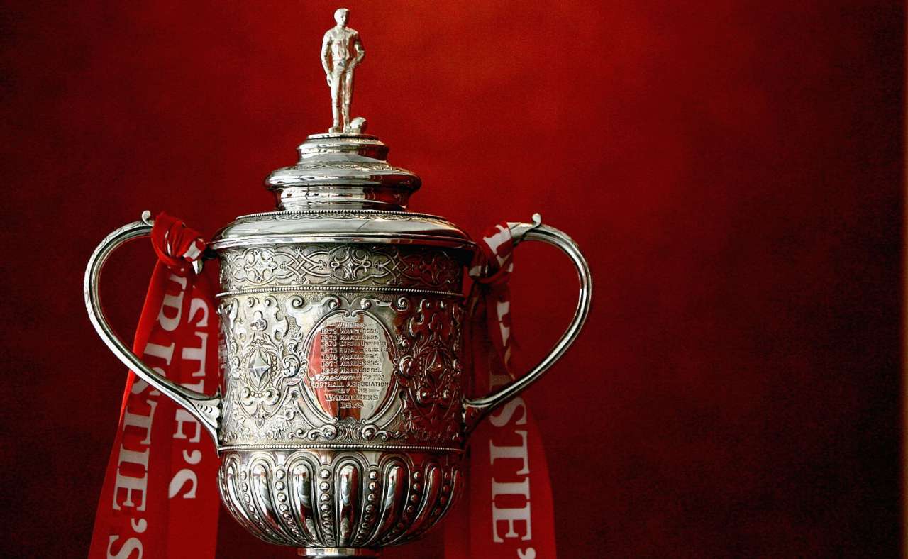 The Football Association Challenge Cup stands in Christies Auction house on May 17, in London (Daniel Berehulak / Staff)