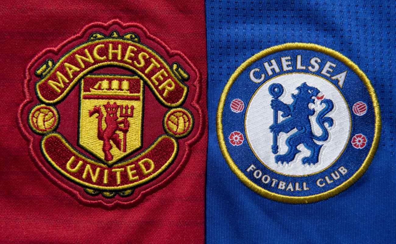 The Chelsea and Manchester United club crests on a first team home shirts