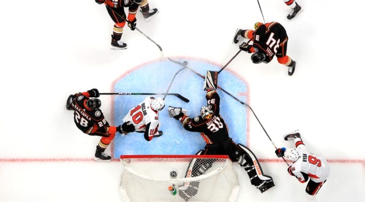 Top view of the Ottawa Senators playing the Anaheim Ducks.