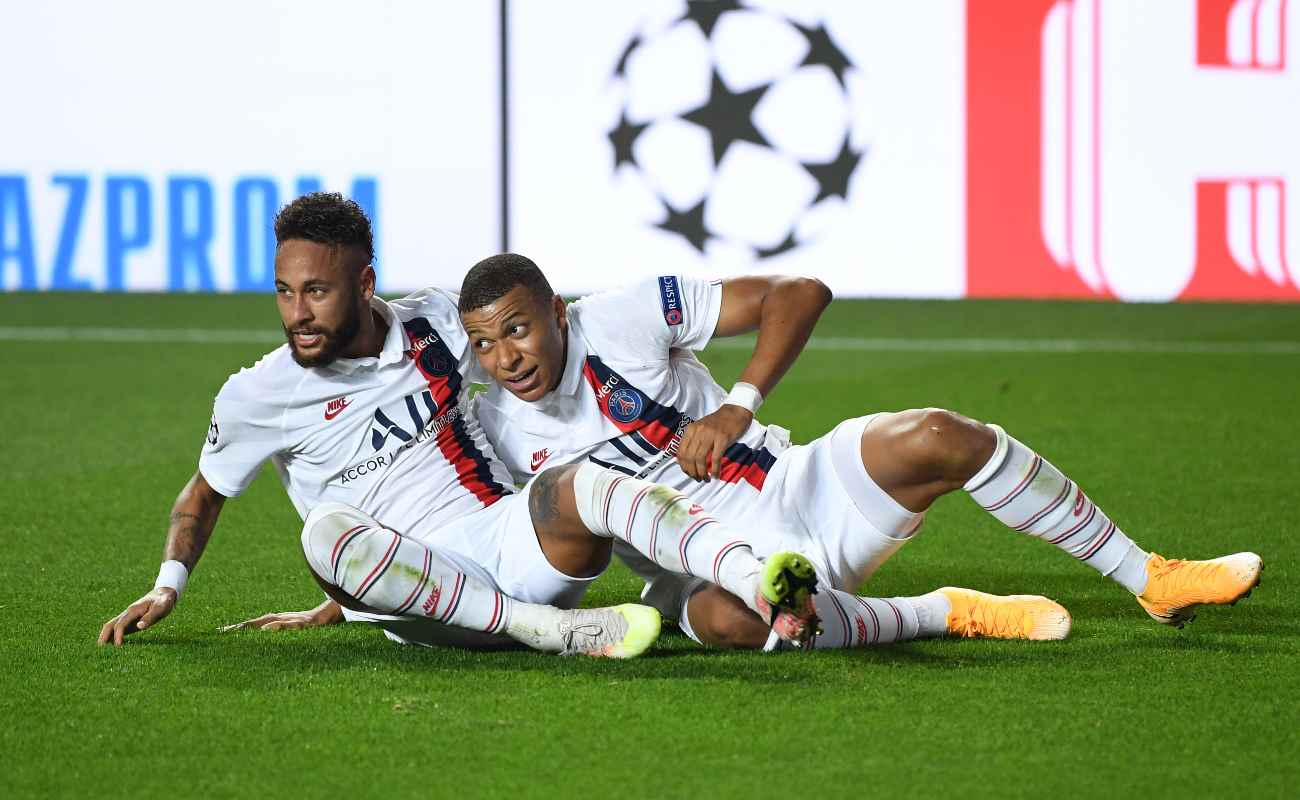 Neymar and Kylian Mbappe of Paris Saint-Germain celebrate PSG’s second goal in the UEFA Champions League quarter-finals