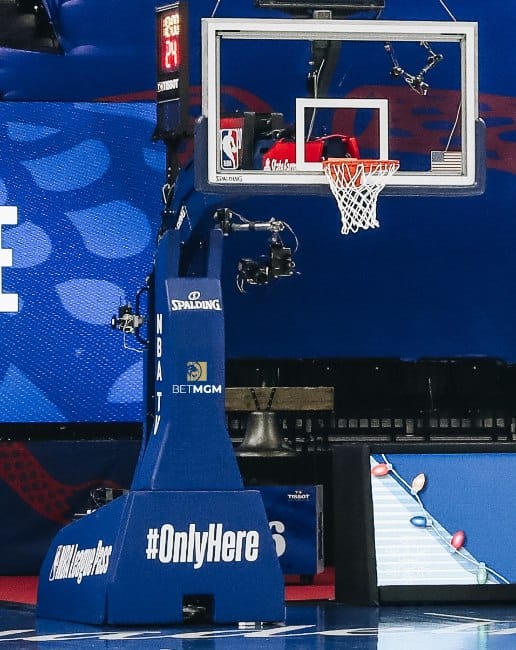 A blue basketball pole pad with the NBA, Spalding and BetMGM logos on and the hashtag #OnlyHere written on the base.