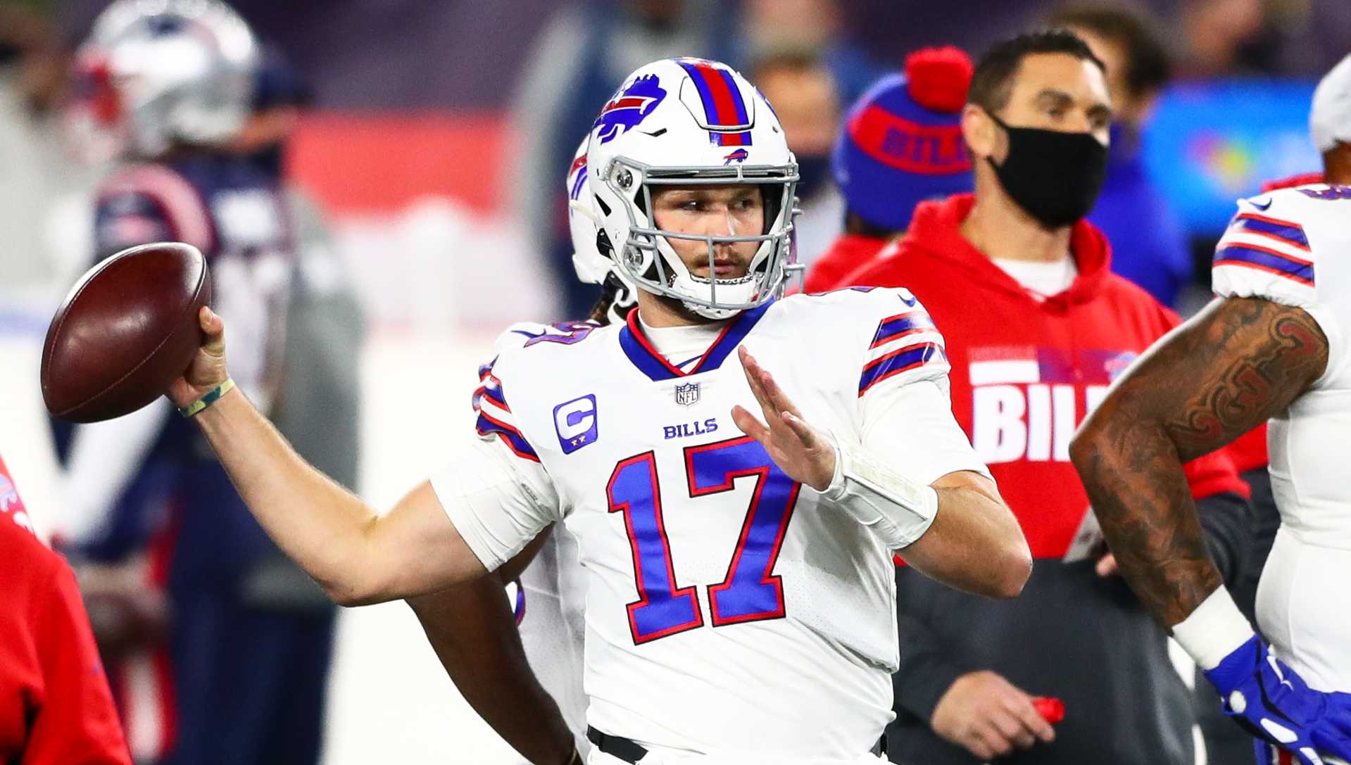 Josh Allen #17 of the Buffalo Bills warms up before a game against the New England Patriots at Gillette Stadium on December 28, 2020 in Foxborough, Massachusetts. (Photo by Adam Glanzman/Getty Images)