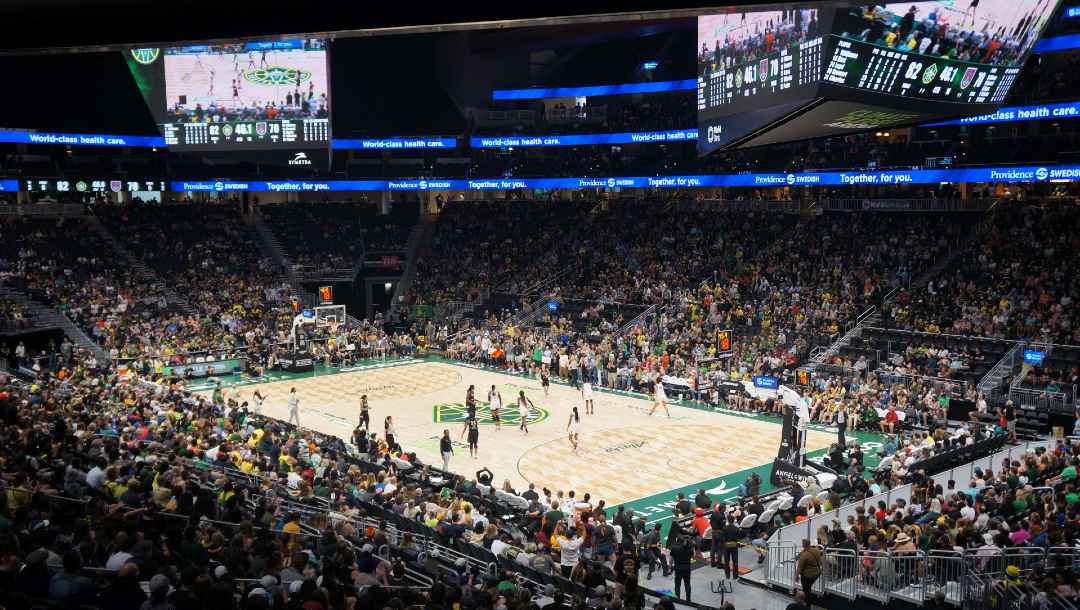 View of Climate Pledge Arena during a WNBA regular season game between the Seattle Storm and Atlanta Dream.