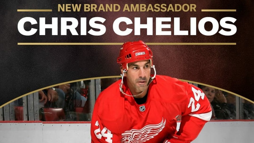 Chris Chelios with the Detroit Red Wings uniform under the text "New Brand Ambassador Chris Chelios"