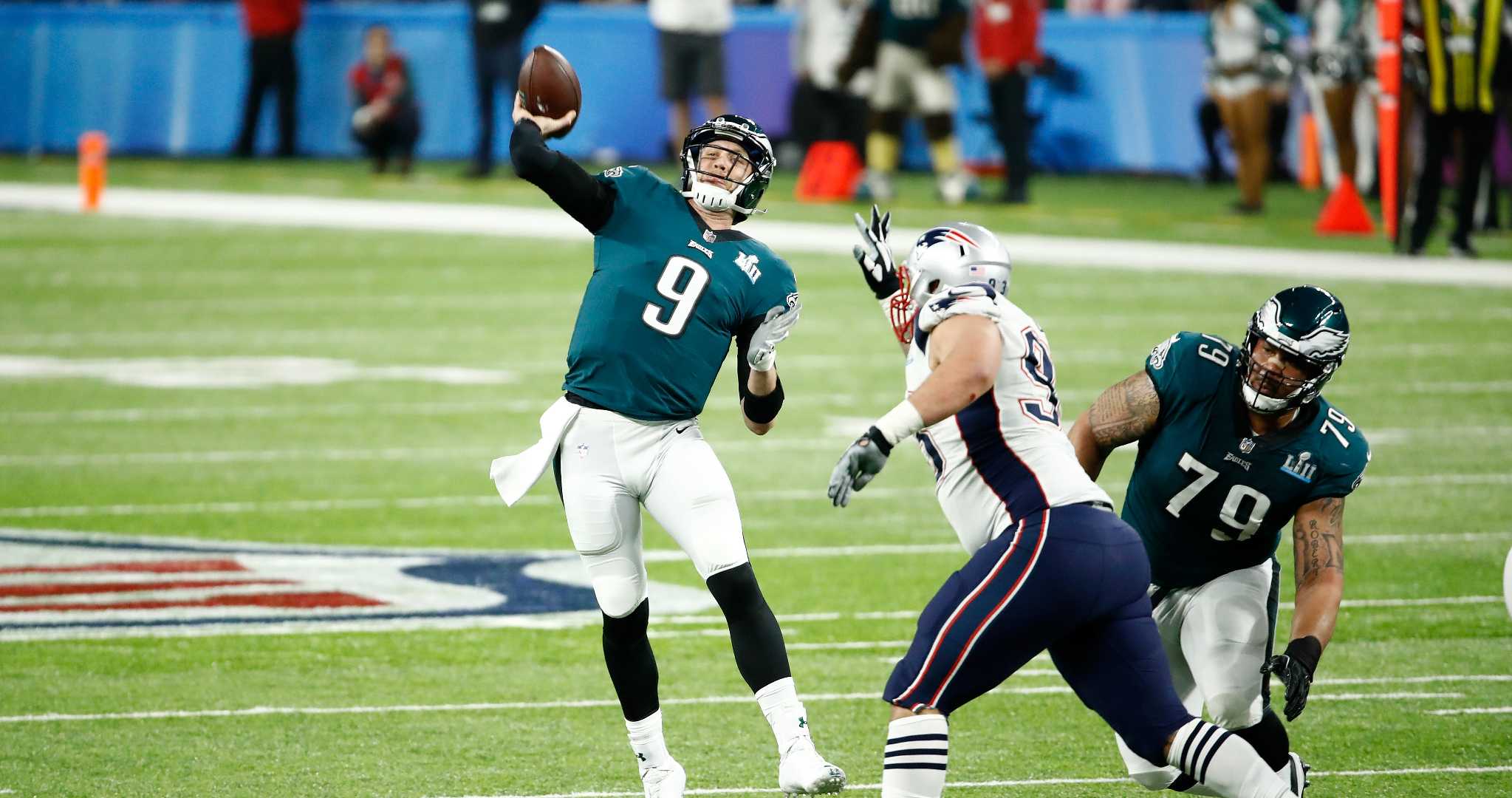 Nick Foles #9 of the Philadelphia Eagles throws a pass against the New England Patriots during Super Bowl LII at U.S. Bank Stadium on February 4, 2018 in Minneapolis, Minnesota. (Photo by Andy Lyons/Getty Images)