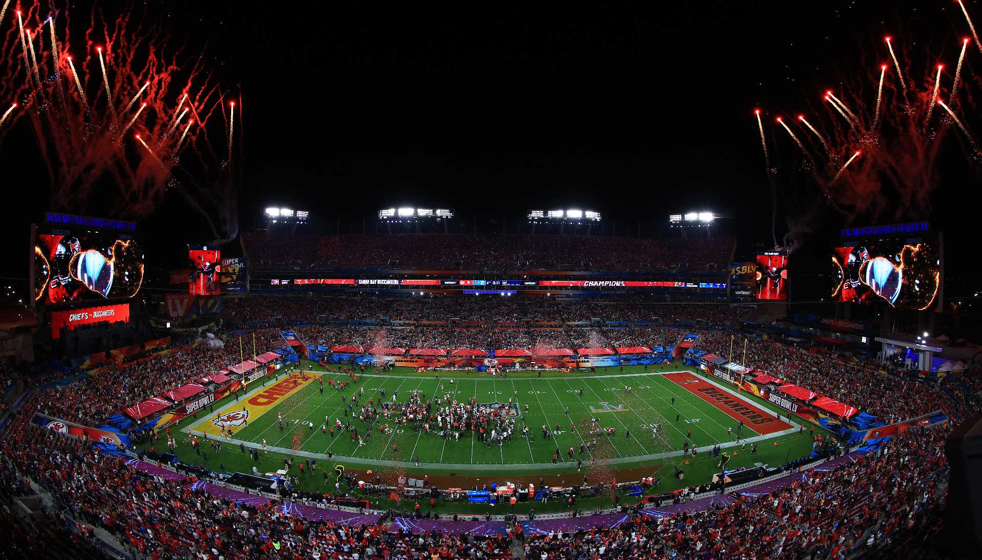 Fireworks erupt after the Tampa Bay Buccaneers defeated the Kansas City Chiefs in Super Bowl LV at Raymond James Stadium on February 07, 2021 in Tampa, Florida. The Buccaneers defeated the Chiefs 31-9. (Photo by Mike Ehrmann/Getty Images)