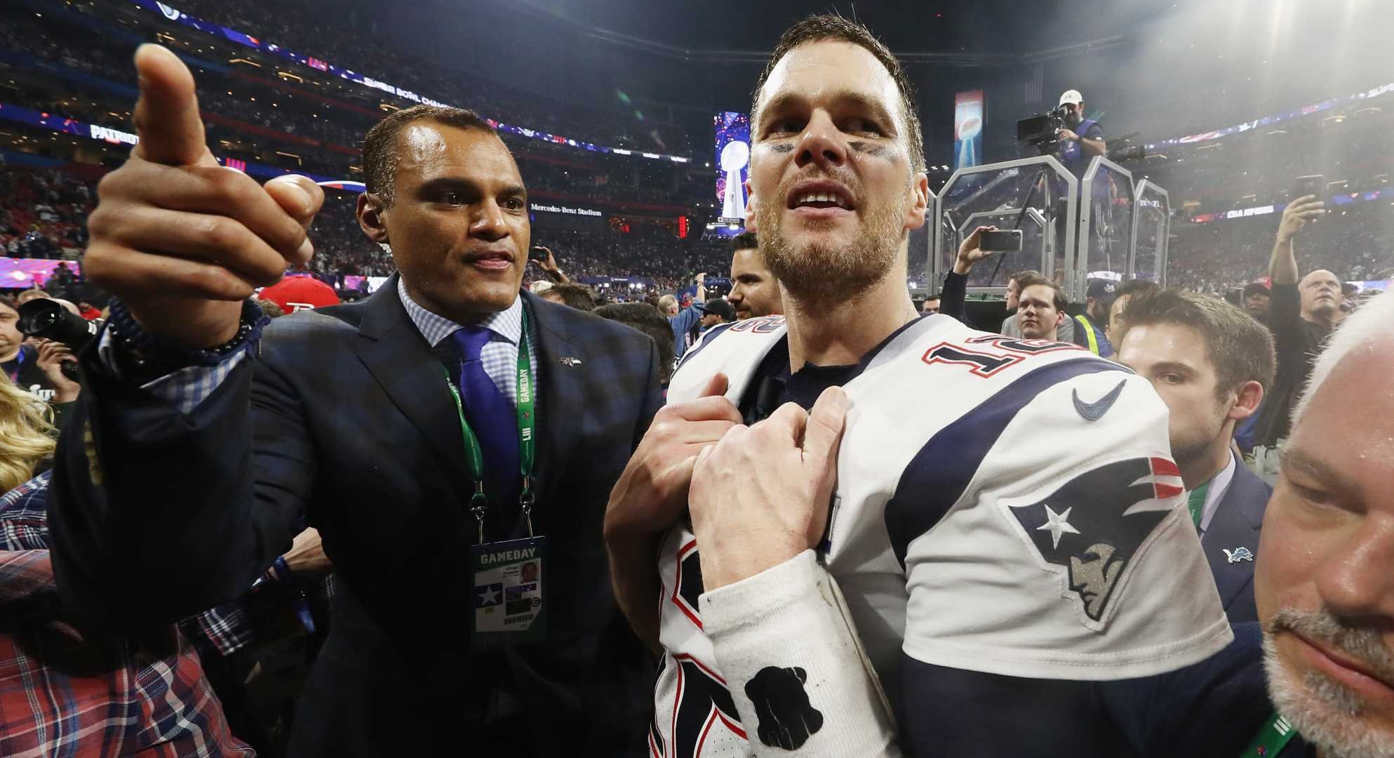 Tom Brady #12 of the New England Patriots reacts after the Patriots defeat the Los Angeles Rams 13-3 during Super Bowl LIII at Mercedes-Benz Stadium on February 3, 2019 in Atlanta, Georgia. (Photo by Jamie Squire/Getty Images)