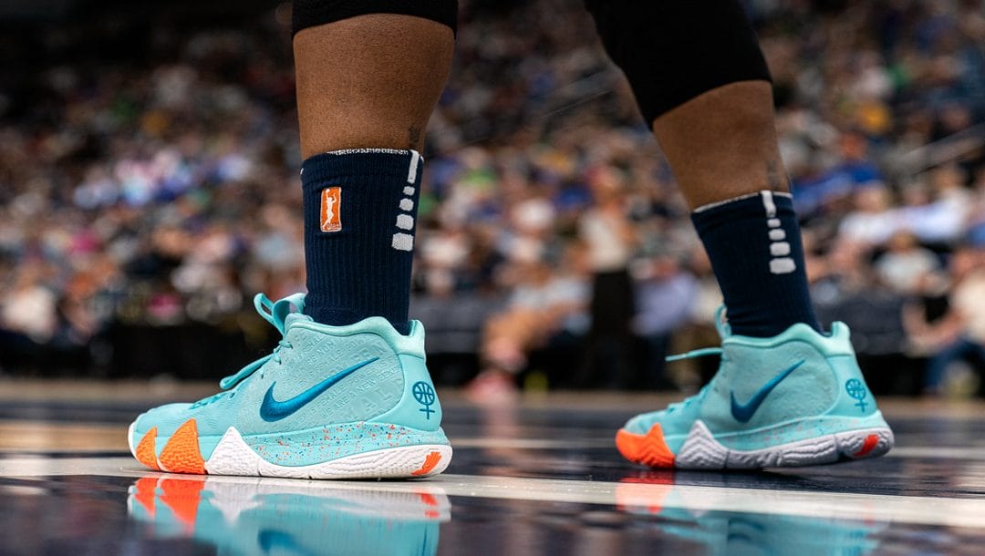 Close up of Rebekkah Brunson's shoes in the Lynx vs Sparks game at Target Center.