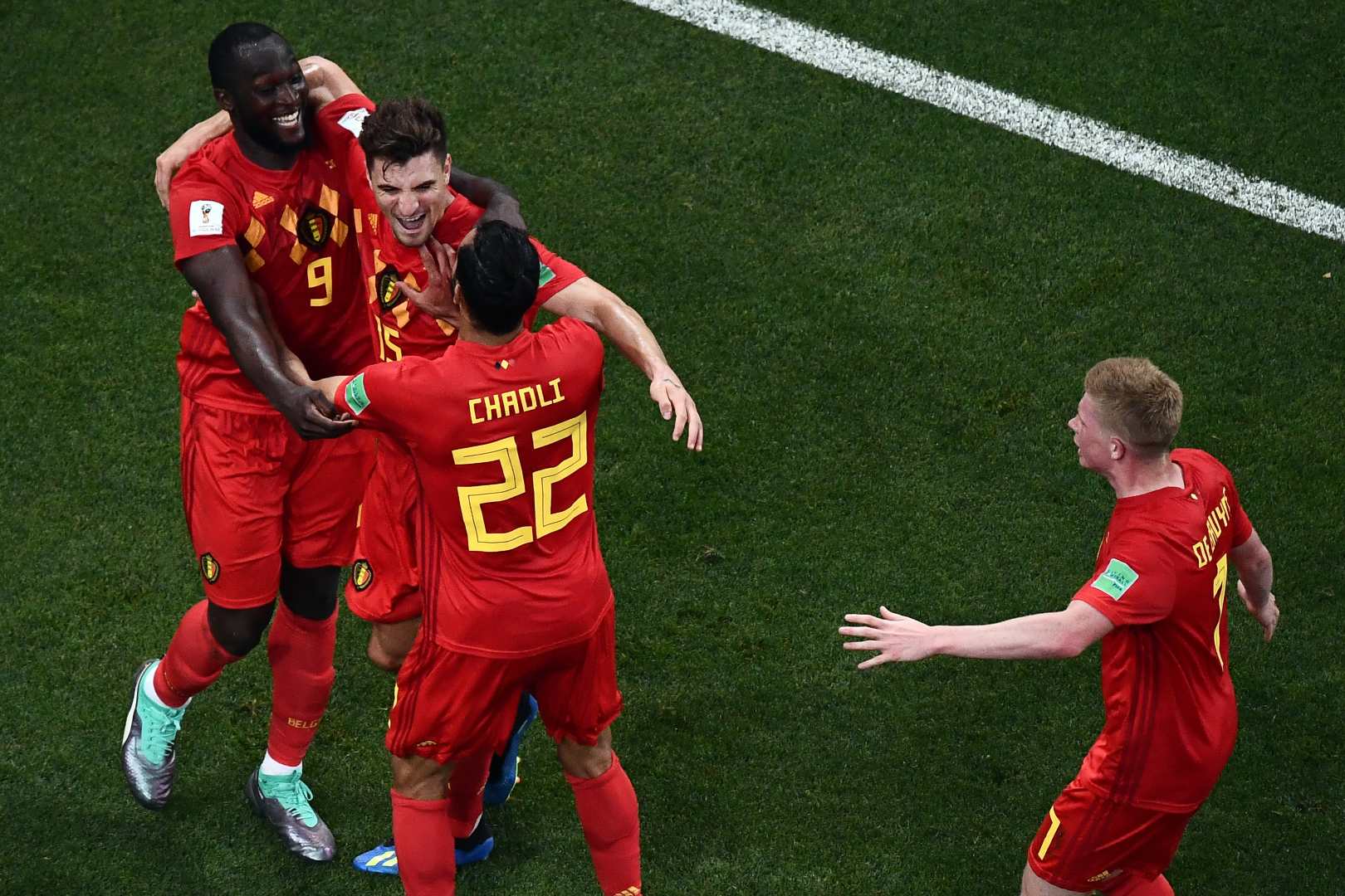 Belgium's midfielder Nacer Chadli (C) celebrates with Belgium's forward Romelu Lukaku (L), Belgium's defender Thomas Meunier (2ndL) and Belgium's midfielder Kevin De Bruyne (R) after scoring his team's winning goal during the Russia 2018 World Cup round of 16 football match between Belgium and Japan at the Rostov Arena in Rostov-On-Don on July 2, 2018. (Photo by Jewel SAMAD / AFP) / RESTRICTED TO EDITORIAL USE - NO MOBILE PUSH ALERTS/DOWNLOADS (Photo credit should read JEWEL SAMAD/AFP via Getty Images)