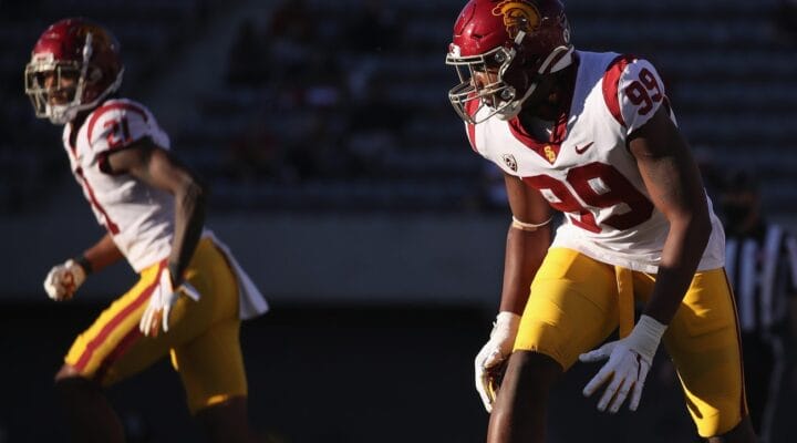TUCSON, ARIZONA - NOVEMBER 14: Linebacker Drake Jackson #99 of the USC Trojans lines up during the second half of the PAC-12 football game against the Arizona Wildcats at Arizona Stadium on November 14, 2020 in Tucson, Arizona. The Trojans defeated the Wildcats 34-30. (Photo by Christian Petersen/Getty Images)