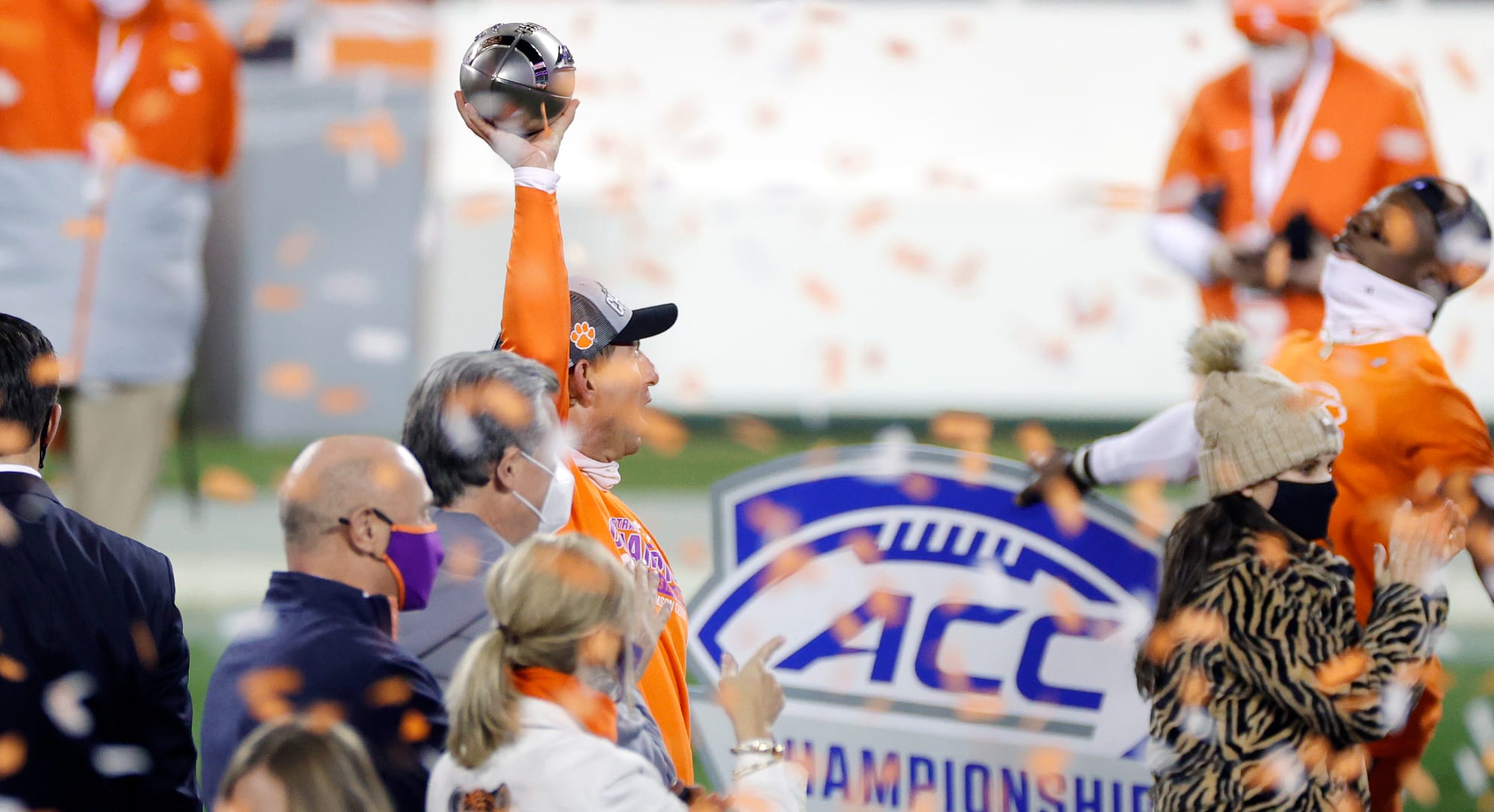 Head coach Dabo Swinney of the Clemson Tigers holds the trophy after defeating the Notre Dame Fighting Irish 34-10 in the ACC Championship game at Bank of America Stadium on December 19, 2020 in Charlotte, North Carolina. (Photo by Jared C. Tilton/Getty Images)