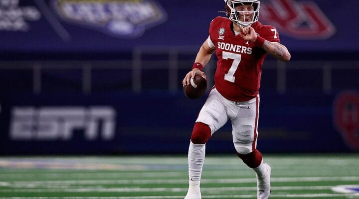 Quarterback Spencer Rattler #7 of the Oklahoma Sooners scrambles against the Florida Gators during the second quarter at AT&T Stadium on Dec. 30, 2020, in Arlington, Texas. (Photo by Tom Pennington/Getty Images)