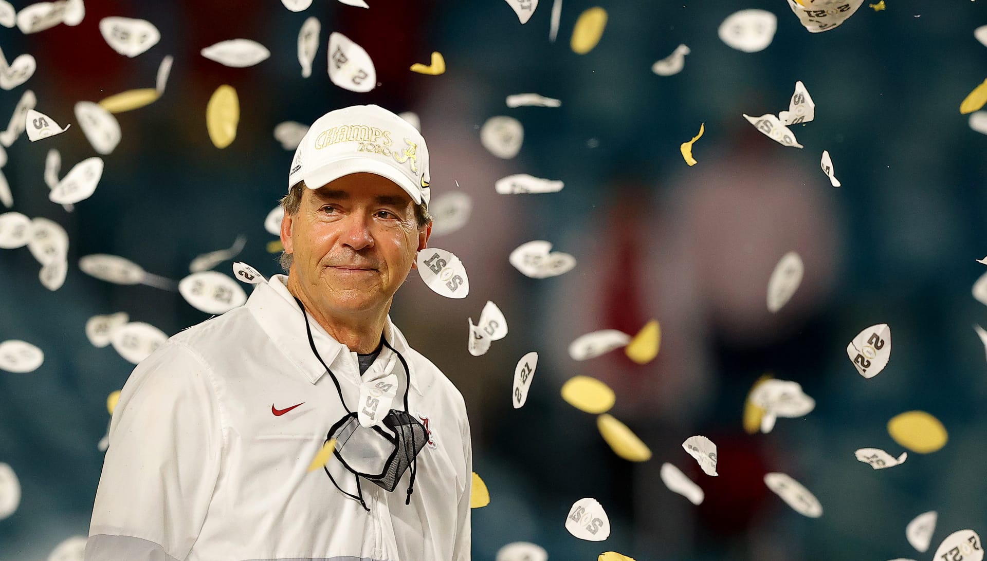 Head coach Nick Saban of the Alabama Crimson Tide looks on following the College Football Playoff National Championship game win over the Ohio State Buckeyes at Hard Rock Stadium on January 11, 2021 in Miami Gardens, Florida. (Photo by Kevin C. Cox/Getty Images)