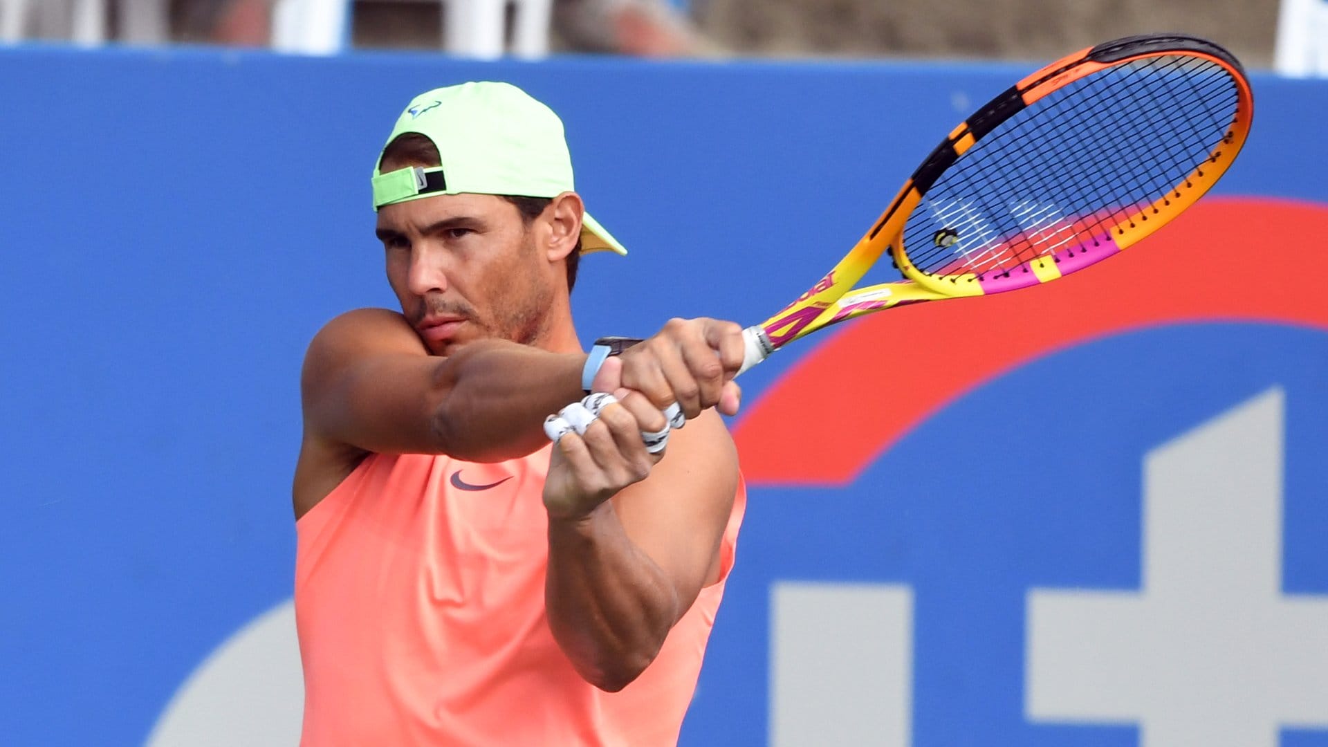 WASHINGTON, DC - AUGUST 01: Rafael Nadal of Spain hits the ball during a practice session on Day 2 during the Citi Open at Rock Creek Tennis Center on August 1, 2021 in Washington, DC. (Photo by Mitchell Layton/Getty Images)