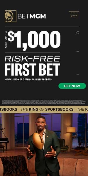 Jamie Foxx holding a football next to the BetMGM's risk-free bet offer.