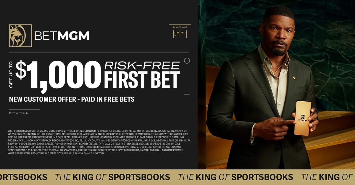 Jamie Foxx holding a mobile phone next to the BetMGM's risk-free bet offer.