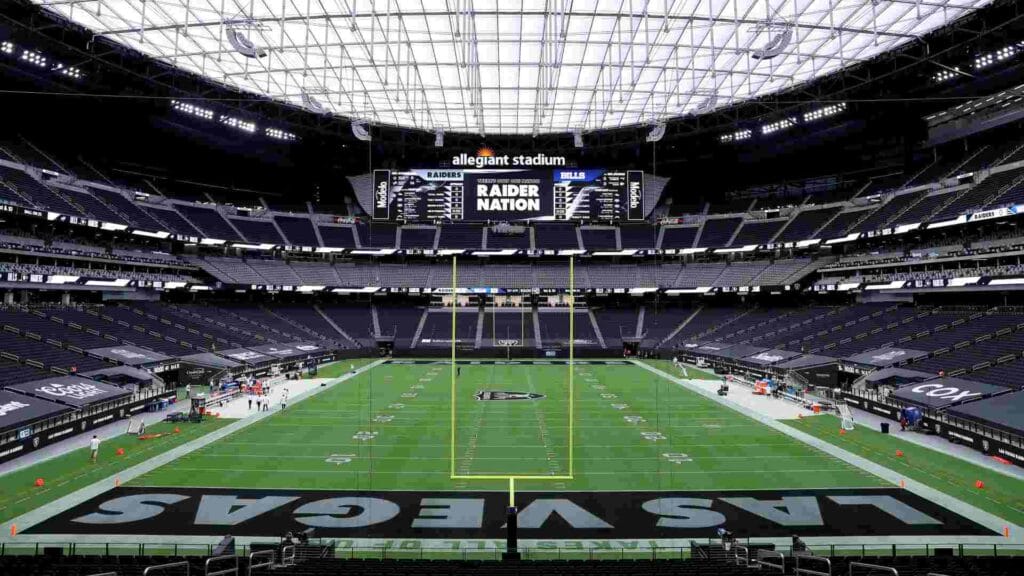 A general view of the empty stadium prior to the game between the Buffalo Bills and the Las Vegas Raiders at Allegiant Stadium on October 04, 2020 in Las Vegas, Nevada. (Photo by Matthew Stockman/Getty Images)