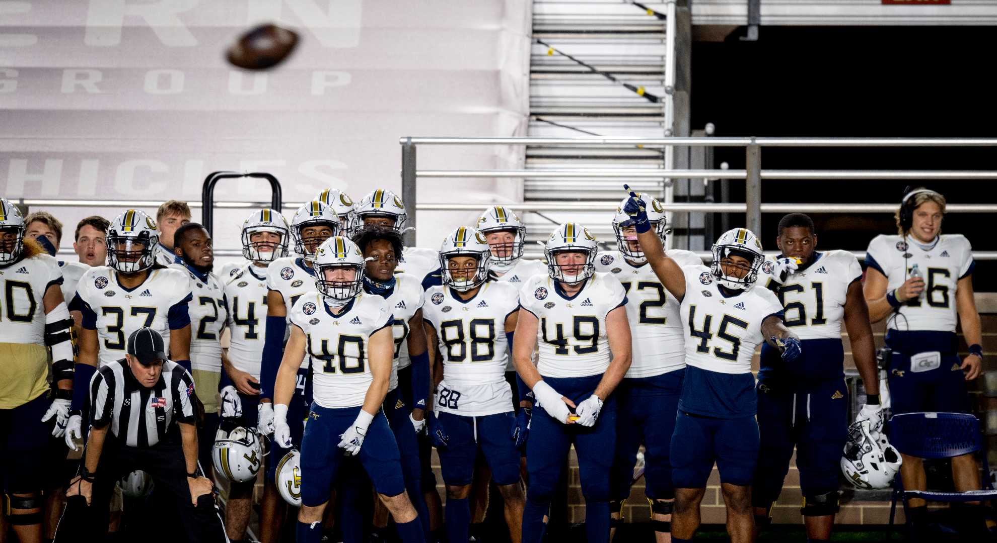 Players on the Georgia Tech Yellow Jackets bench react during the second half against the Boston College Eagles at Alumni Stadium on October 24, 2020 in Chestnut Hill, Massachusetts. (Photo by Maddie Malhotra/Getty Images)