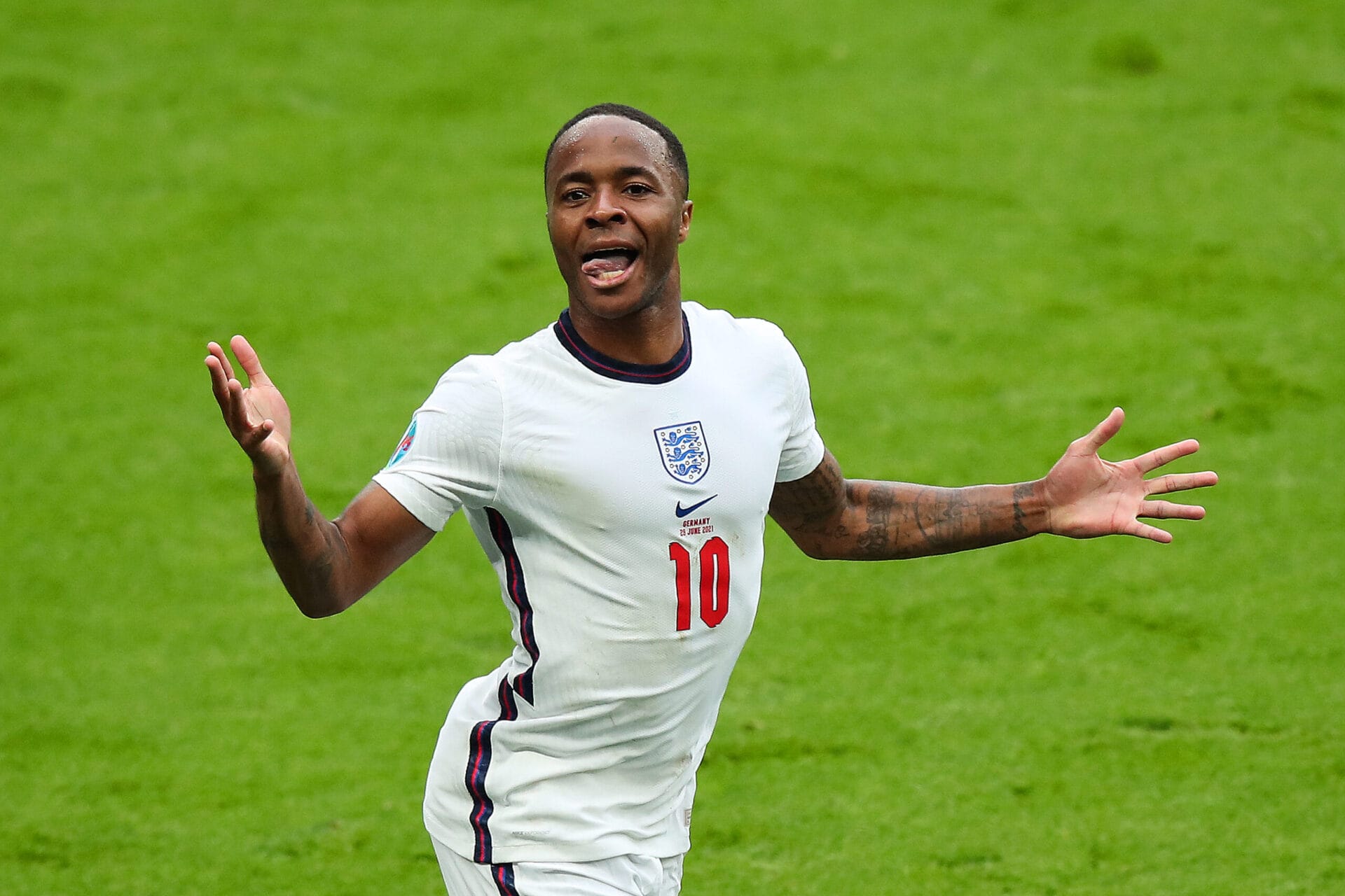 LONDON, ENGLAND - JUNE 29: Raheem Sterling of England celebrates after scoring a goal to make it 1-0 during the UEFA Euro 2020 Championship Round of 16 match between England and Germany at Wembley Stadium on June 29, 2021 in London, United Kingdom.
