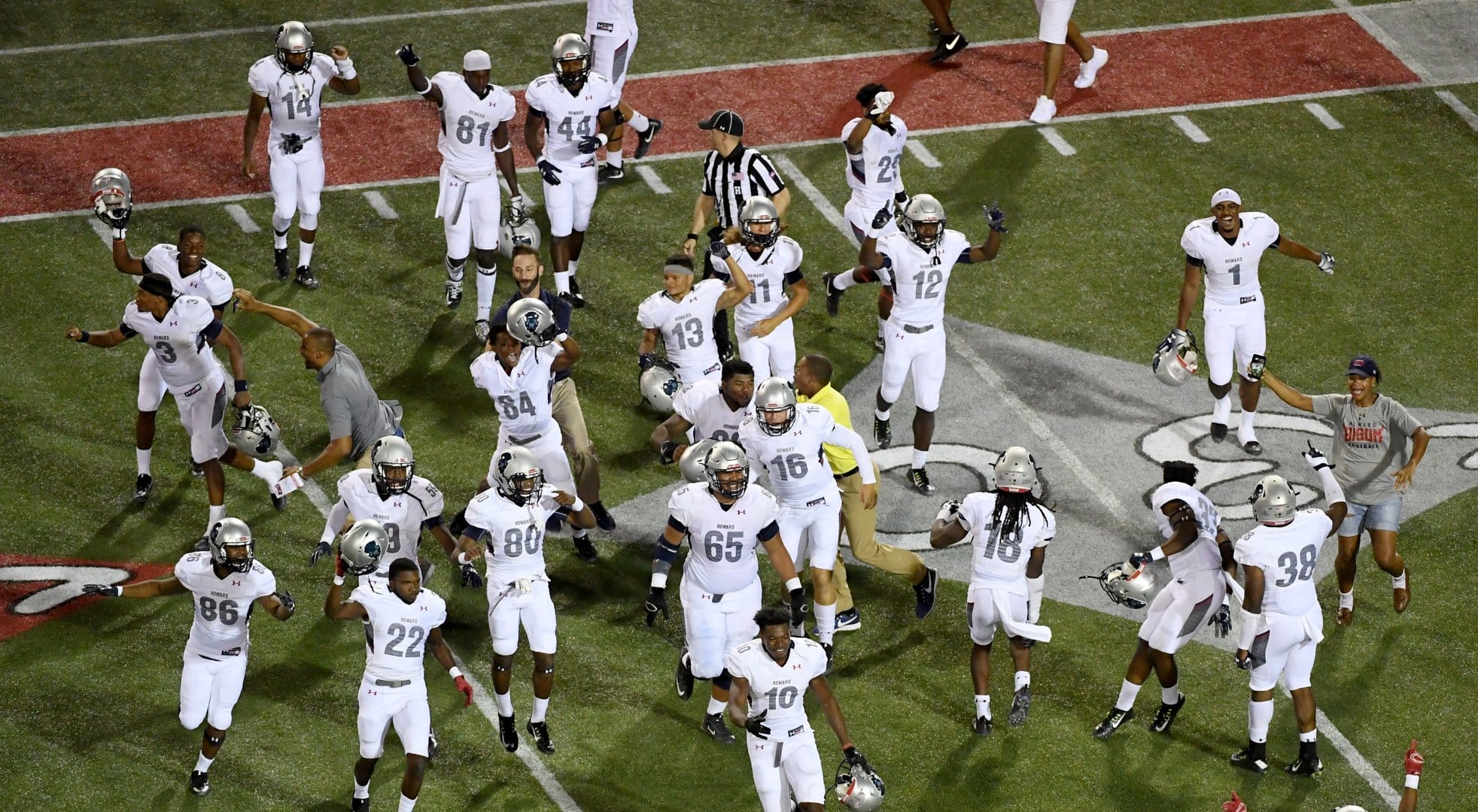 Members of the Howard Bison celebrate as time expires in their 43-40 win over the UNLV Rebels at Sam Boyd Stadium on September 2, 2017 in Las Vegas, Nevada. (Photo by Ethan Miller/Getty Images)