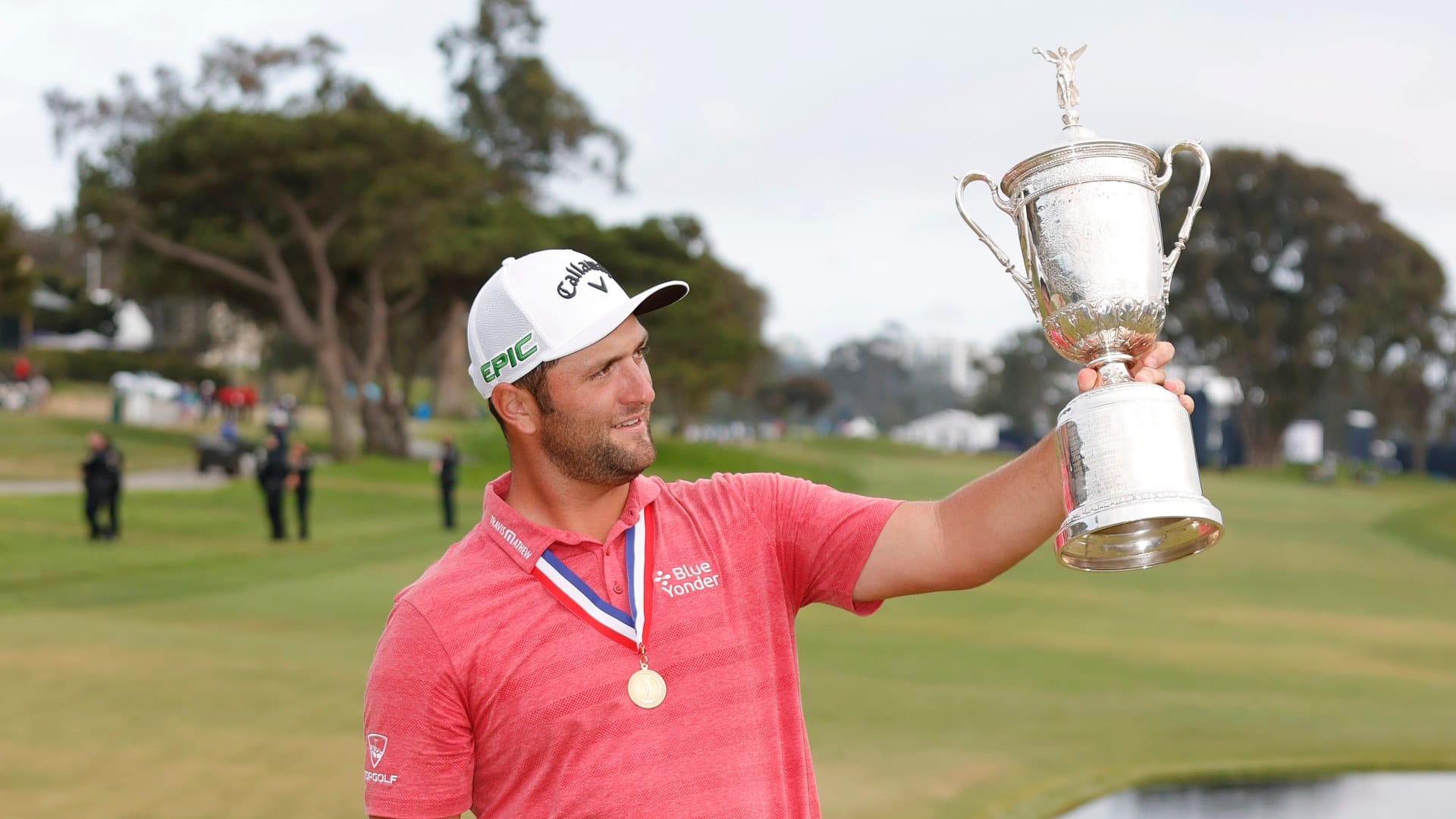 Jon Rahm of Spain celebrates with the trophy after winning during the final round of the 2021 U.S. Open at Torrey Pines Golf Course (South Course) on June 20, 2021 in San Diego, California. (Photo by Ezra Shaw/Getty Images)