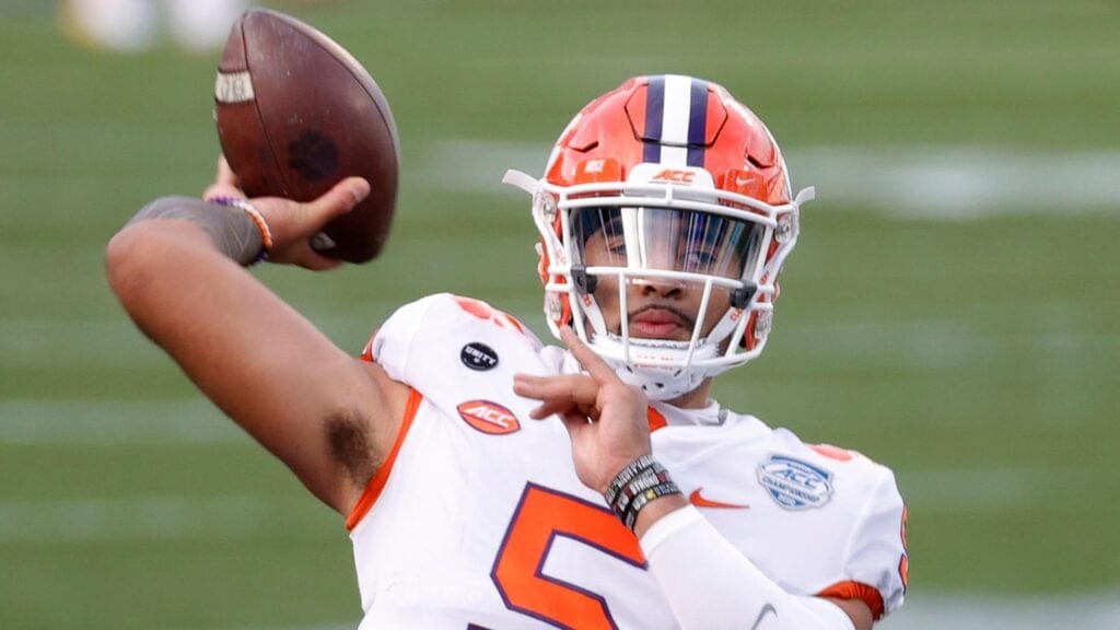 Quarterback D.J. Uiagalelei #5 of the Clemson Tigers warms up before the ACC Championship game against the Notre Dame Fighting Irish at Bank of America Stadium on December 19, 2020 in Charlotte, North Carolina. (Photo by Jared C. Tilton/Getty Images)