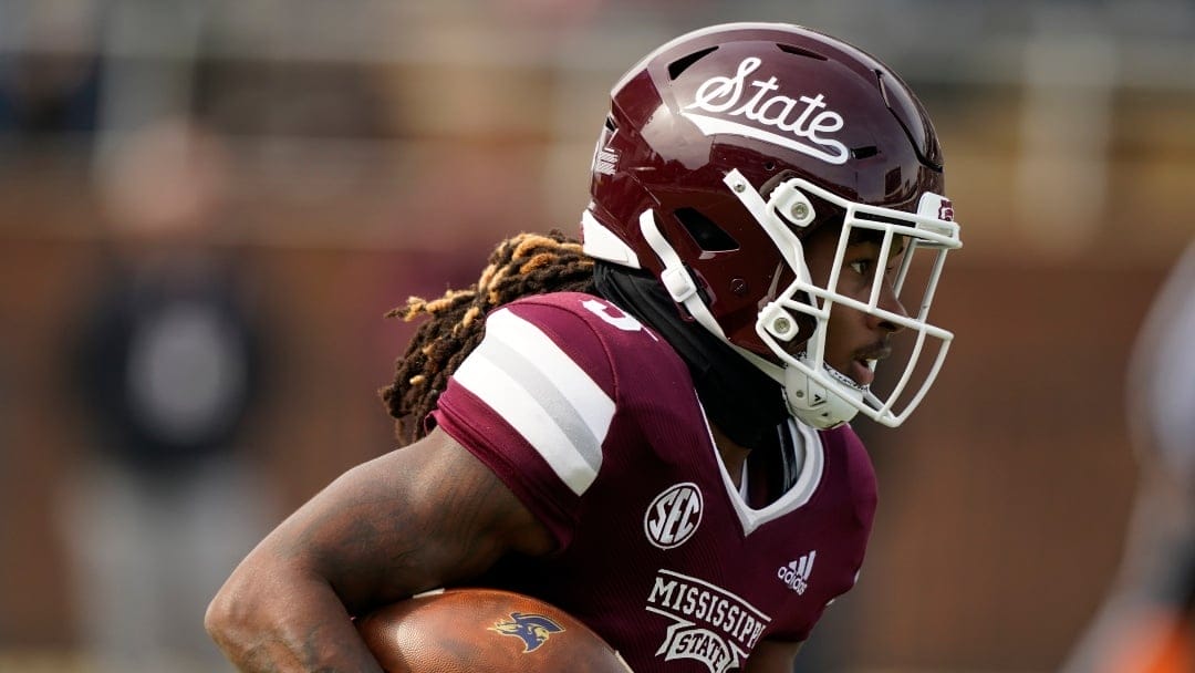 Mississippi State wide receiver Lideatrick Griffin (5) takes the kickoff for a long gain against East Tennessee State during the first half of an NCAA college football game in Starkville, Miss., Saturday, Nov.19, 2022. (AP Photo/Rogelio V. Solis)