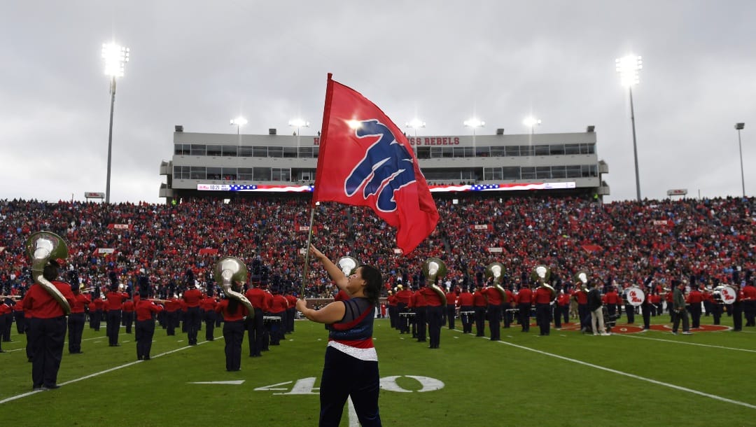 Members of the Ole Miss Pride of the South marching band perform before the first half of an NCAA college football game between Mississippi and Alabama in Oxford, Miss., Saturday, Nov. 12, 2022. (AP Photo/Thomas Graning)