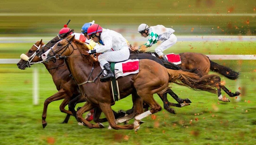 Jockeys on horses racing.