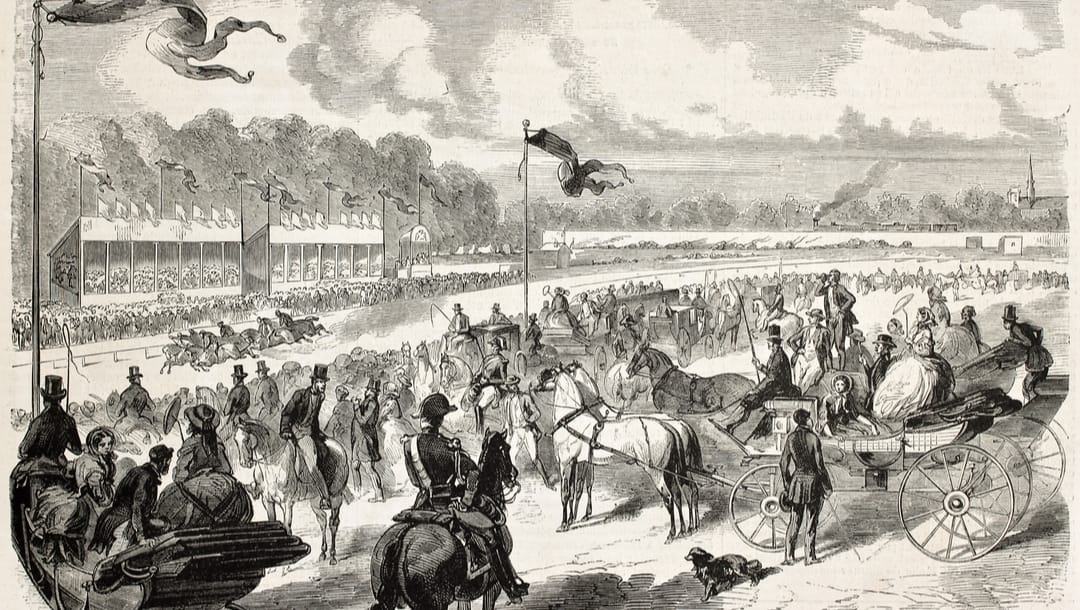 An old illustration of a horse racing track and spectators.