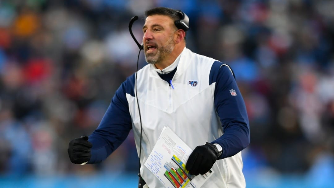 Tennessee Titans head coach Mike Vrabel speaks during the first half of an NFL divisional round playoff football game against the Cincinnati Bengals, Saturday, Jan. 22, 2022, in Nashville, Tenn. (AP Photo/John Amis)