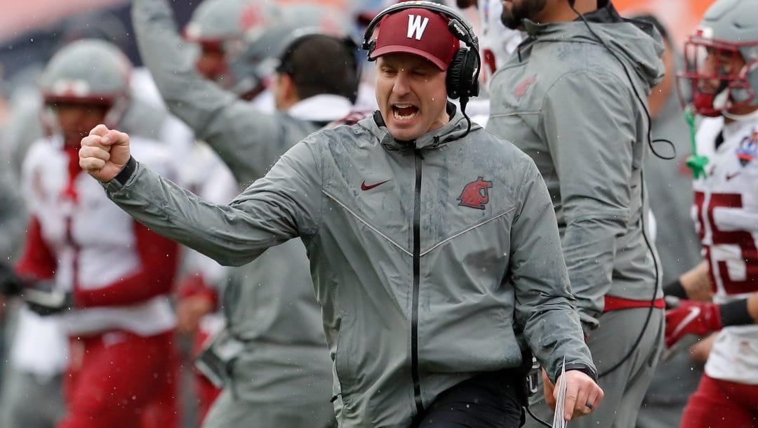 Washington State coach Jake Dickert reacts to a blocked field goal during the second half of the 2021 Sun Bowl.