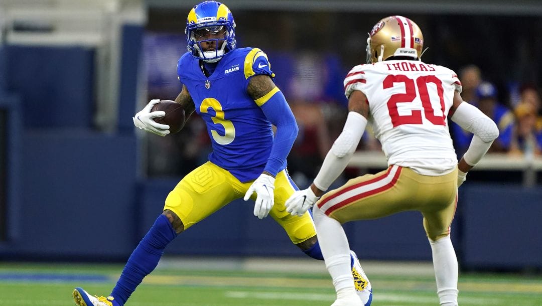 Los Angeles Rams wide receiver Odell Beckham Jr. (3) looks to avoid San Francisco 49ers cornerback Ambry Thomas (20) during the NFL NFC Championship