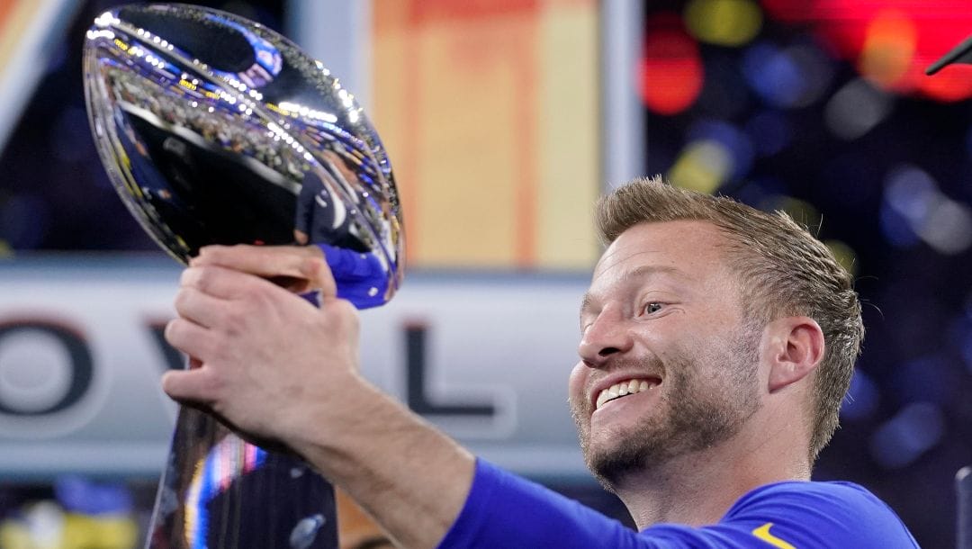 Los Angeles Rams head coach Sean McVay holds the Lombardi Trophy