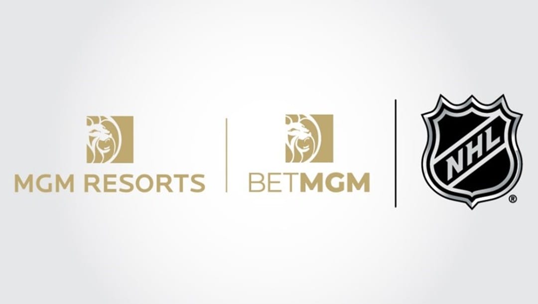 The NHL, MGM Resorts and BetMGM logos next to each others on a white background.