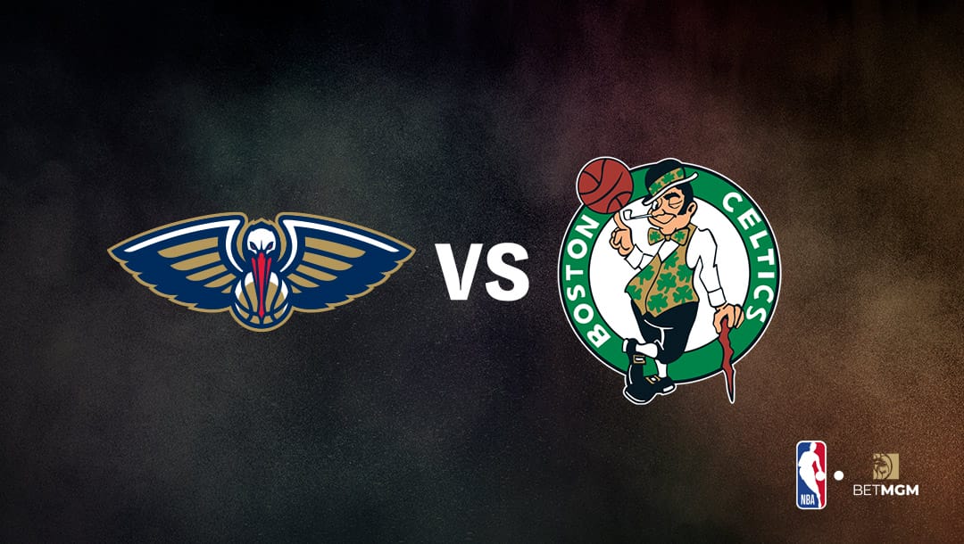 Pelicans logo on the left and Celtics logo on the right