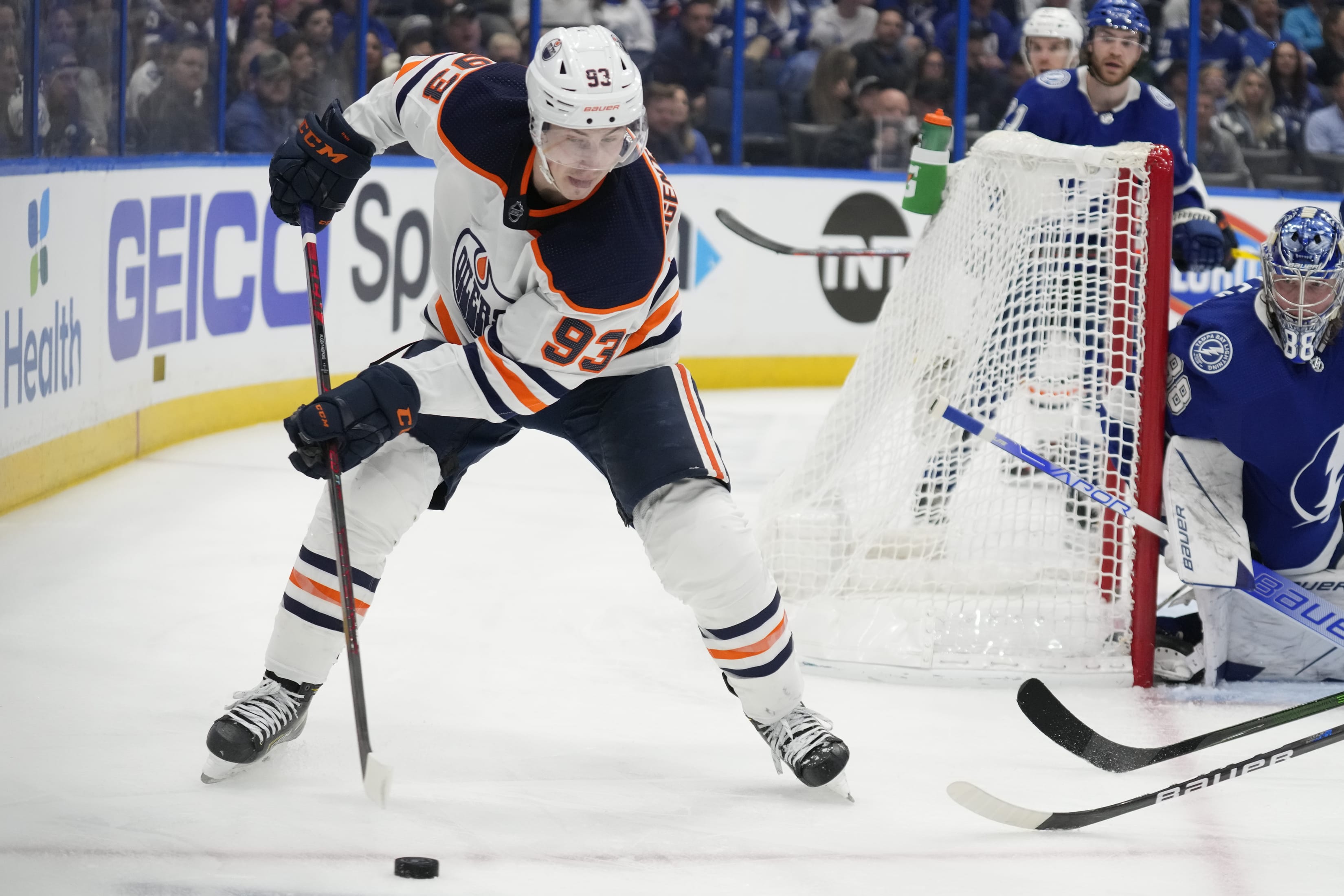 Edmonton Oilers center Ryan Nugent-Hopkins (93) skates against the Tampa Bay Lightning during the third period of an NHL hockey game Wednesday, Feb. 23, 2022, in Tampa, Fla.
