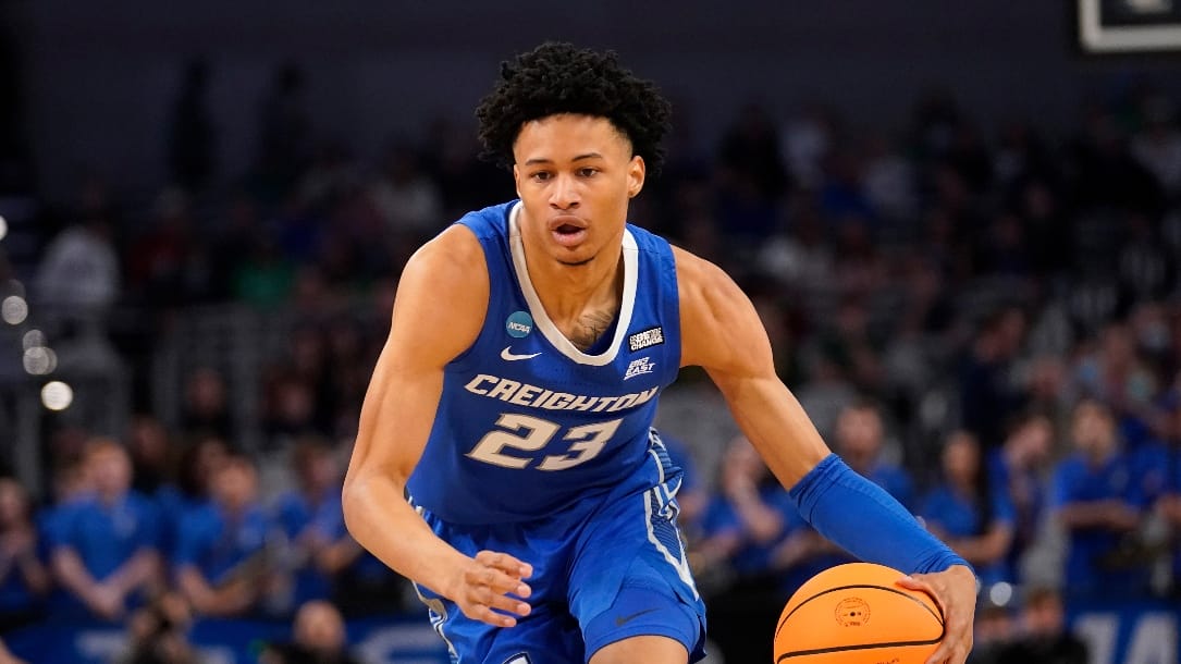 Creighton guard Trey Alexander handles the ball during a first round game against San Diego State in the NCAA college basketball tournament in Fort Worth, Texas, Thursday, March 17, 2022. (AP Photo/Tony Gutierrez)