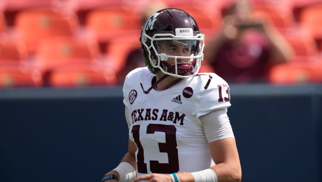 Texas A&M quarterback Haynes King (13) before the first half of an NCAA college football game Saturday, Sept. 11, 2021, in Denver. (AP Photo/David Zalubowski)