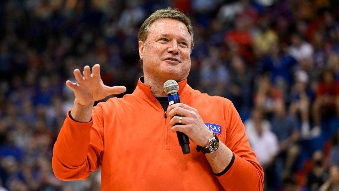 Kansas head coach Bill Self addresses the crowd after a win over Texas in an NCAA college basketball game in Lawrence, Kan.