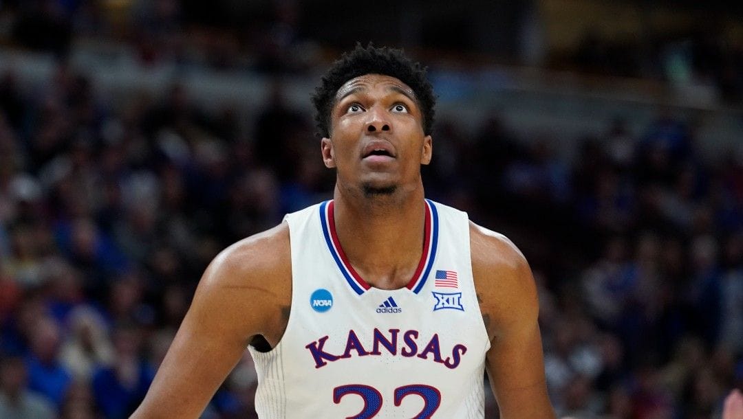 Kansas' David McCormack during the second half of a college basketball game in the Elite 8 round of the NCAA tournament Sunday, March 27, 2022, in Chicago. Kansas won 76-50 to advance to the Final Four.