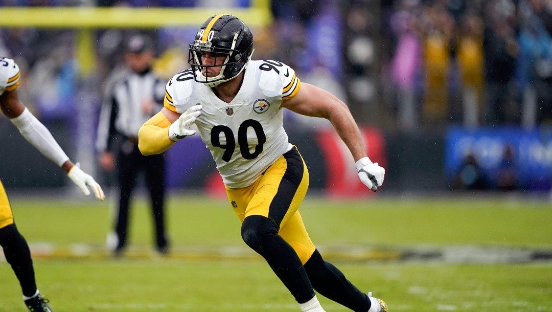 Pittsburgh Steelers outside linebacker T.J. Watt rushes in on the Baltimore Ravens during the first half of an NFL football game, Sunday, Jan. 9, 2022.