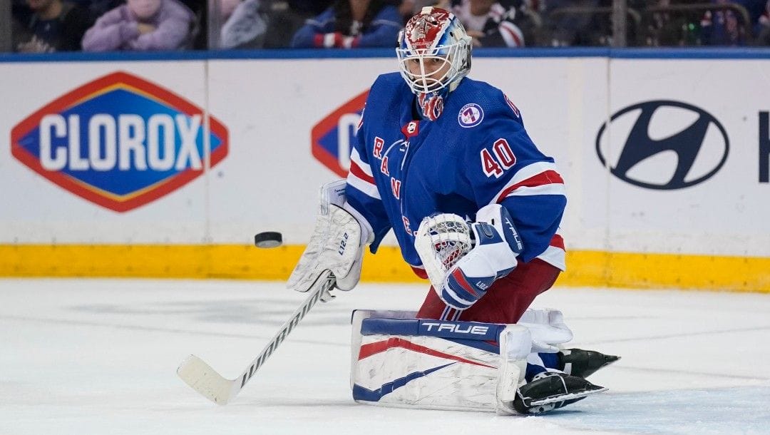 New York Rangers goaltender Alexandar Georgiev makes a save during the second period of the NHL hockey game against the Buffalo Sabres, Sunday, March 27, 2022, in New York.