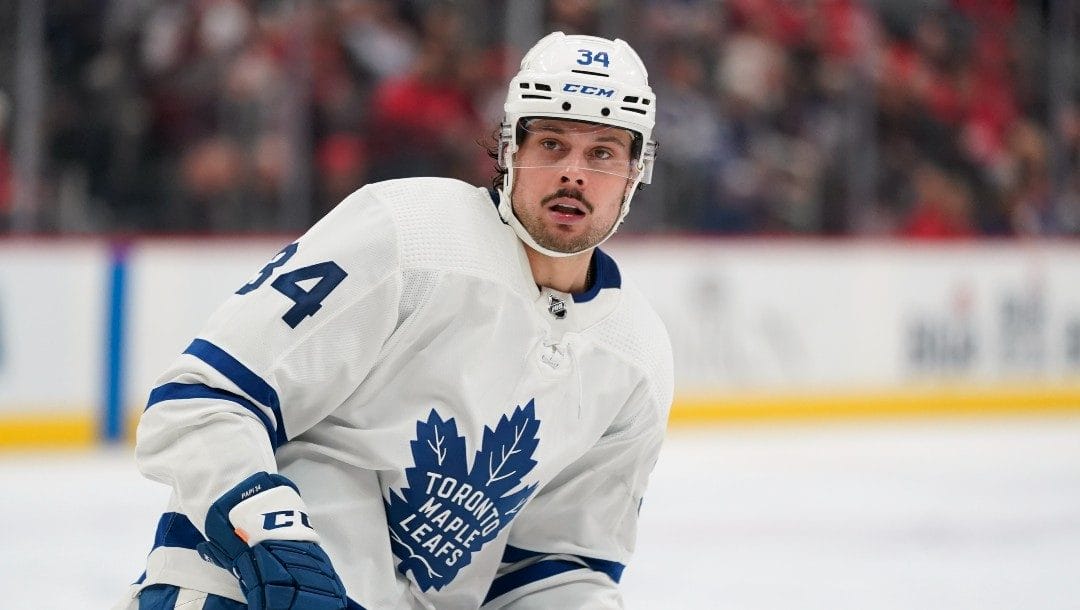 Toronto Maple Leafs center Auston Matthews plays against the Detroit Red Wings in the third period of an NHL hockey game Feb. 26, 2022, in Detroit.
